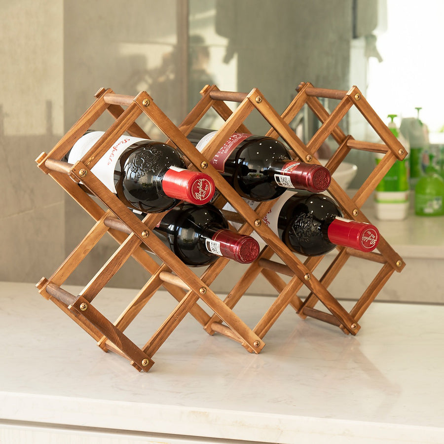 Wooden Wine Rack for 10 Bottles - Fold-Out Countertop Storage