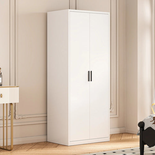 80x200cm 2-Door White Steel Shelf Wardrobe with Black Handle Storage Cabinet