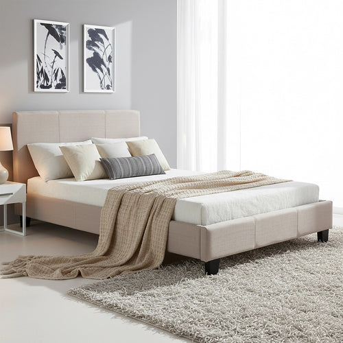 King Single Size Bed Frame with Headboard – Beige Linen Fabric