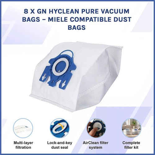 8 x GN HyClean Pure Vacuum Bags – Miele Compatible Dust Bags with High Filtration