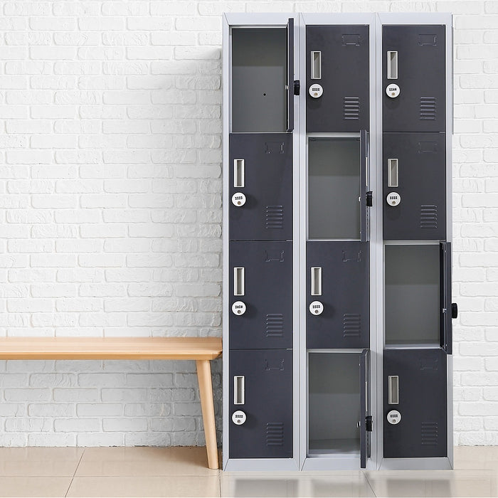12-Door Locker – Grey with Charcoal Door with 4-Digit Combination Lock | Secure Storage for Office, Gym or School Use