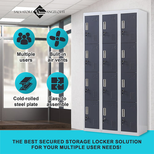 12-Door Locker – Grey with Charcoal Door with Standard Lock with 2 Keys | Secure Storage for Office, Gym or School Use