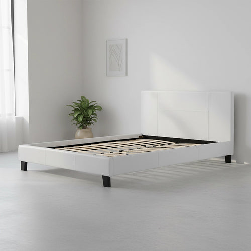 Double Size Bed Frame with Headboard – White PU Leather