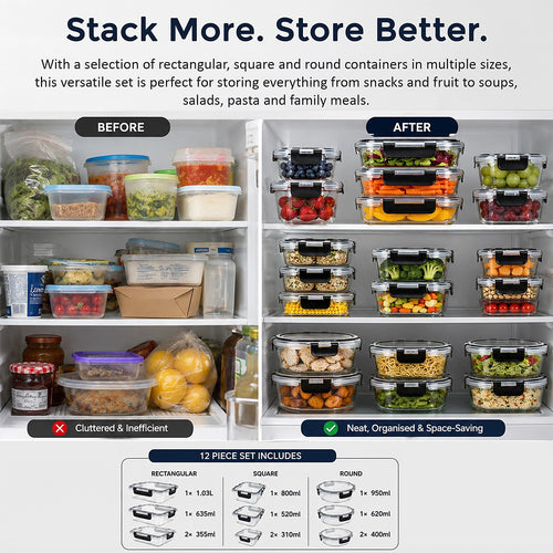 24 Piece Glass Food Storage Containers with Airtight Leakproof Lids Meal Prep Kitchen Storage Set