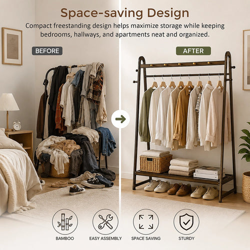Dark Wood Slim Clothes Rack 160x100cm Space Saving Floor Stand