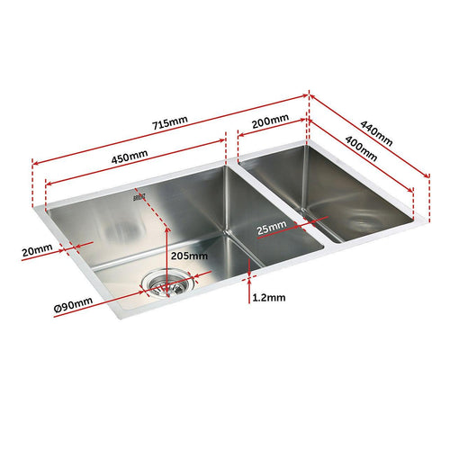 1.2mm Handmade Double Stainless Steel Sink with Waste - 715x440mm