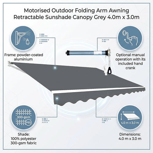 Automatic Retractable Awning 4x3m - Grey Outdoor Wall Sunshade