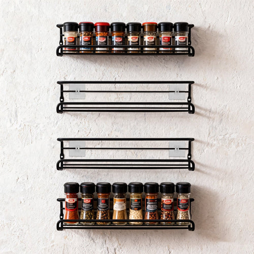 4pc Black Stainless Steel Wall Spice Rack – Modern Kitchen Storage Shelf Set
