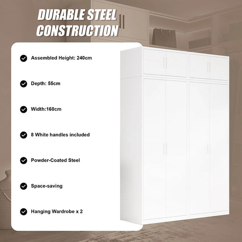 160x240cm 4-Door White Steel Hanging Wardrobe with White Handle Storage Cabinet