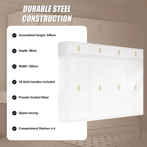 320x240cm 8-Door White Steel Shelf Wardrobe with Gold Handle Storage Cabinet