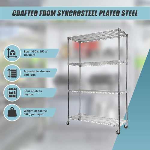 Modular Wire Storage Shelf 350 x 350 x 1800mm Steel Shelving - Carbon Chrome Plated with Wheels