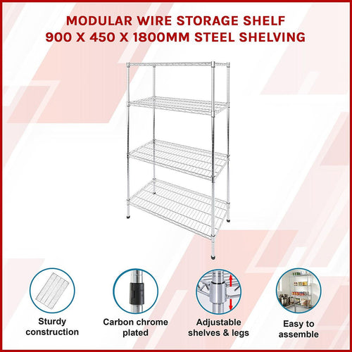 Modular Wire Storage Shelf 900 x 450 x 1800mm Steel Shelving - Carbon Chrome Plated