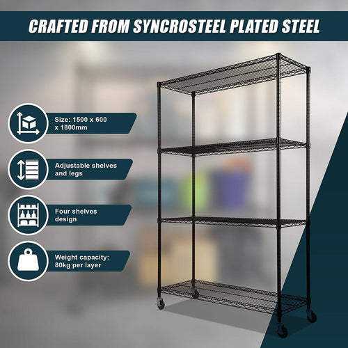 Modular Wire Storage Shelf 1500 x 450 x 1920mm Steel Shelving - Baking Black Technology with Wheels