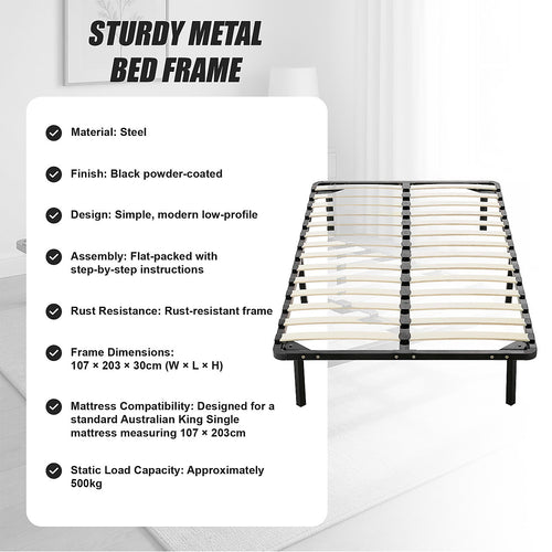Metal Bed Frame for King Single Mattress – Black Powder-Coated Steel Base