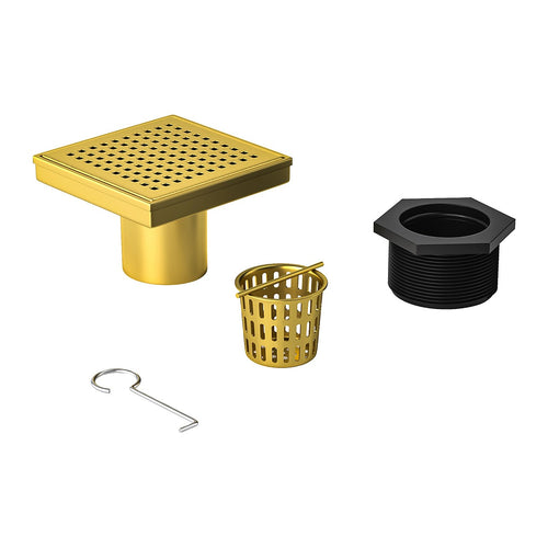 10 x 10cm Square Shower Drain with Grid Pattern Grate – Brushed Gold Stainless Steel