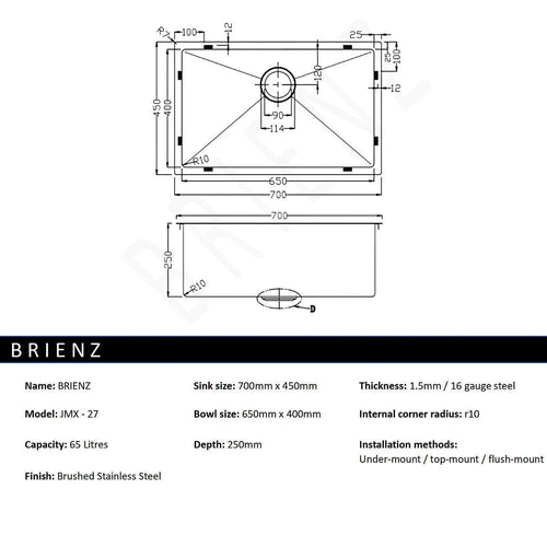 700x450mm Stainless Steel Handmade 1.5mm Sink with Waste in Stainless Steel with brushed finish Finish