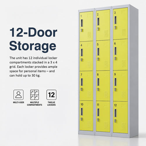 12-Door Steel Locker – Grey with Yellow Door, Padlock-operated