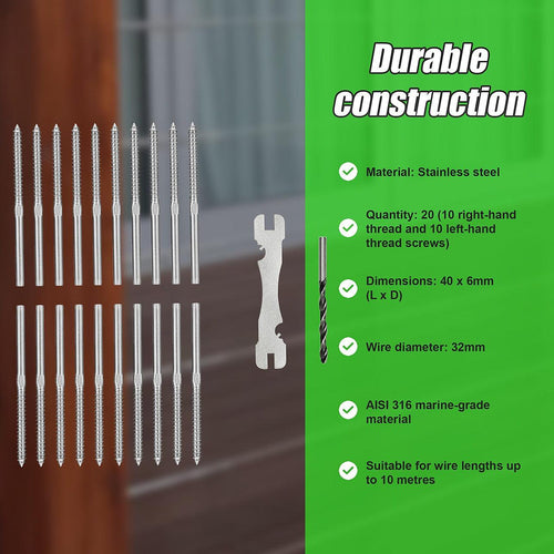 Stainless Steel DIY Rope Balustrade Kit 3.2mm Swage 2 x Lag Screw Term - 10 pack