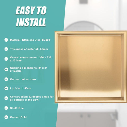 336 x 336 x 101mm Shower Niche Single Shelf Organizer No Tile Needed in Gold Finish
