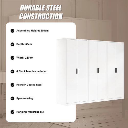 240x200cm 6-Door White Steel Hanging Wardrobe with Black Handle Storage Cabinet