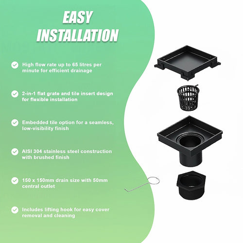 15 x 15cm Square Shower Drain with Tile Insert Grate – Matte Black Stainless Steel