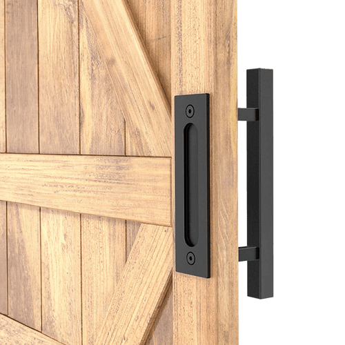 12" Square Pull and Flush Door Handle Set Black Barn Door Hardware