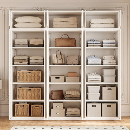 240x240cm 6-Door White Steel Shelf Wardrobe with White Handle Storage Cabinet