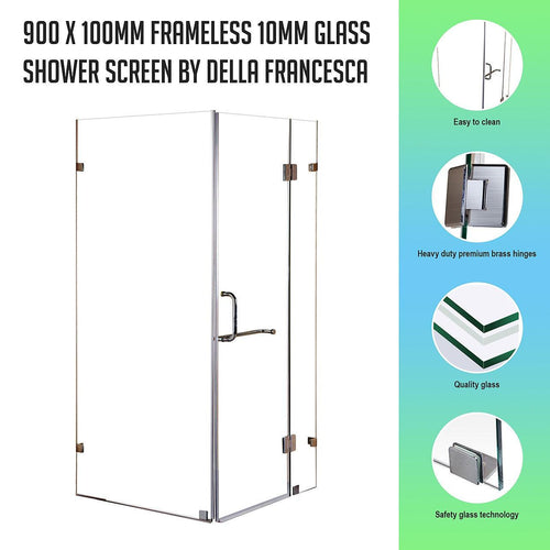 Frameless 10mm Glass Shower Screen 90 x 100cm Nickel Hinges/Brackets and Round Handle