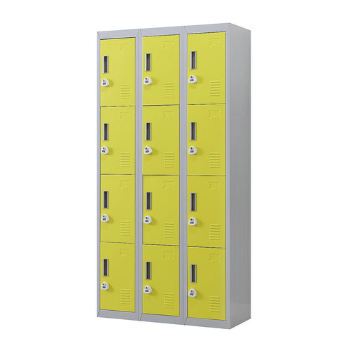 12-Door Steel Locker – Grey with Yellow Door, 3-Digit Combination Lock