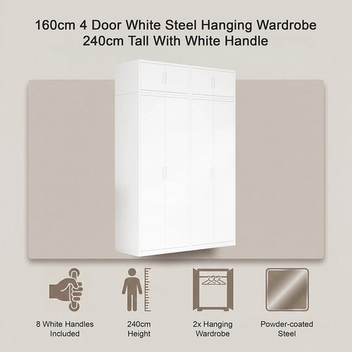 160x240cm 4-Door White Steel Hanging Wardrobe with White Handle Storage Cabinet