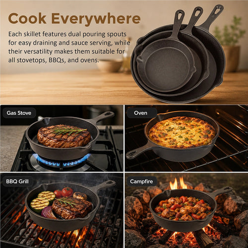 Chef Cast Iron Frying Pan Set – 3-Piece Skillet, Grill & Oven-Safe Cookware for Versatile Home Cooking