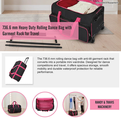 736.6 mm Heavy Duty Rolling Dance Bag with Built-In Garment Rack for Travel & Competitions
