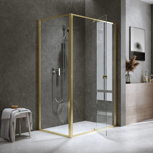 Adjustable Semi Frameless Shower Screen Front: (114~122)x195cm with Gold Hardware and Side: (77~80)x195cm