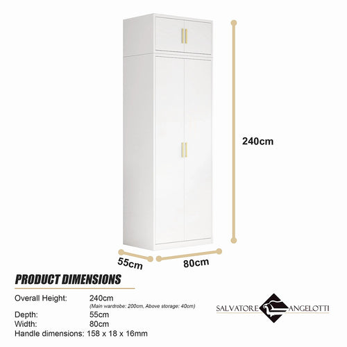 80x240cm 2-Door White Steel Hanging Wardrobe with Gold Handle Storage Cabinet