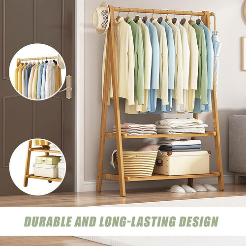 Portable Clothes Rack Coat Garment Stand Bamboo Rail Hanger Airer Closet - Wood