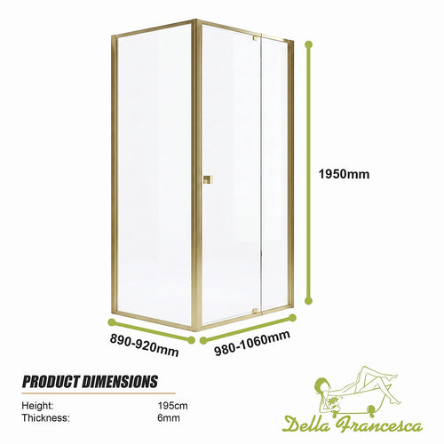 Adjustable Semi Frameless Shower Screen Front: (98~106)x195cm with Gold Hardware and Side: (89~92)x195cm
