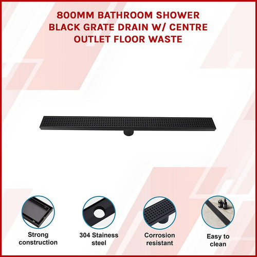 80cm Bathroom Shower Black Grate Drain w/ Centre outlet Floor Waste