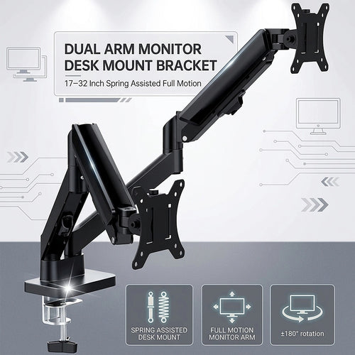 Dual Arm Monitor Desk Mount Bracket 17–32 Inch Spring Assisted Full Motion
