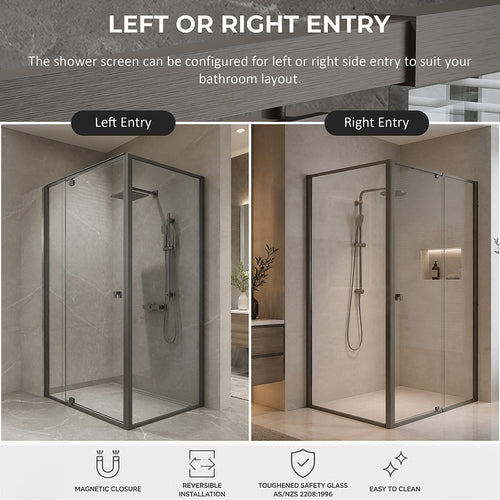 Semi-Frameless Shower Screen – Gunmetal, Front: (82~90)x195cm, Side: (77~80)x195cm