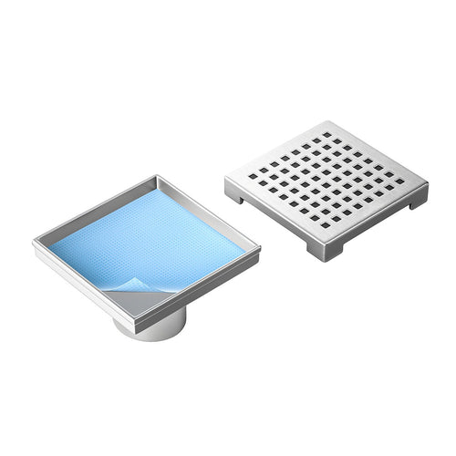 10 x 10cm Square Shower Drain with Grid Pattern Grate – Chrome Stainless Steel