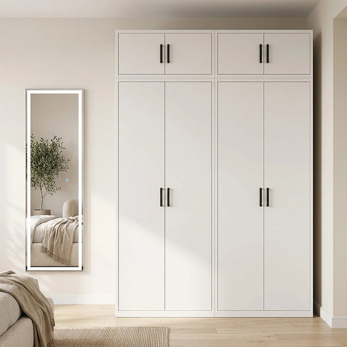 160x240cm 4-Door White Steel Shelf Wardrobe with Black Handle Storage Cabinet