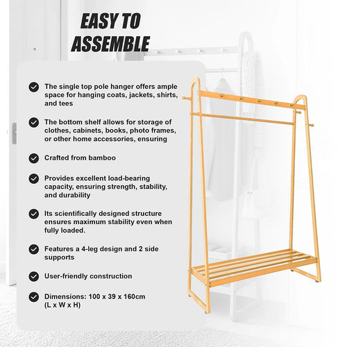 Wood Slim Clothes Rack 160x100cm Space Saving Floor Stand