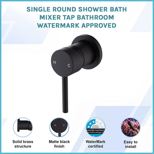 Single Round Shower Bath Mixer Tap Bathroom WATERMARK Approved - Black
