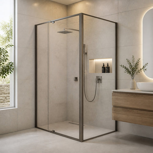 Semi-Frameless Shower Screen – Gunmetal, Front: (114~122)x195cm, Side: (89~92)x195cm