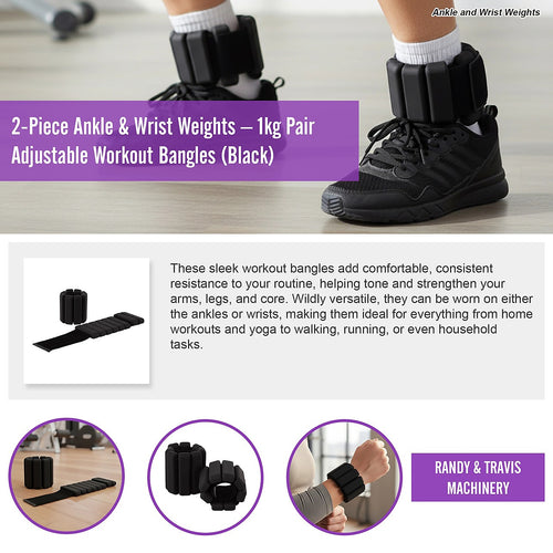 2-Piece Ankle & Wrist Weights – 1kg Pair Adjustable Workout Bangles Black for Fitness Training