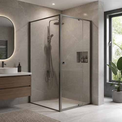 Semi-Frameless Shower Screen – Gunmetal, Front: (82~90)x195cm, Side: (89~92)x195cm