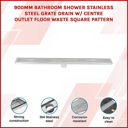 90cm Bathroom Shower Stainless Steel Grate Drain w/ Centre outlet Floor Waste