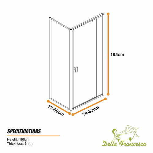 Semi-Frameless Shower Screen – Dust Brown, Front: (74~82)x195cm, Side: (77~80)x195cm