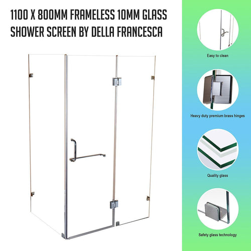 Frameless 10mm Glass Shower Screen 110 x 80cm Nickel Hinges/Brackets and Round Handle