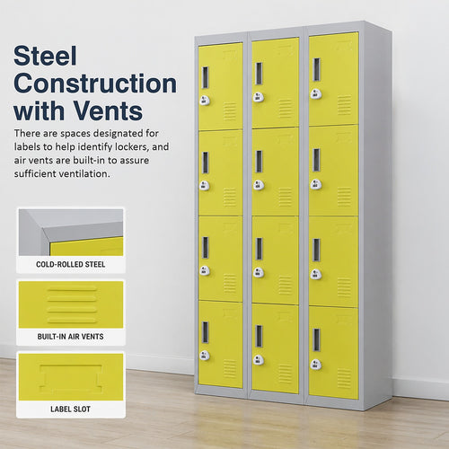 12-Door Steel Locker – Grey with Yellow Door, 3-Digit Combination Lock
